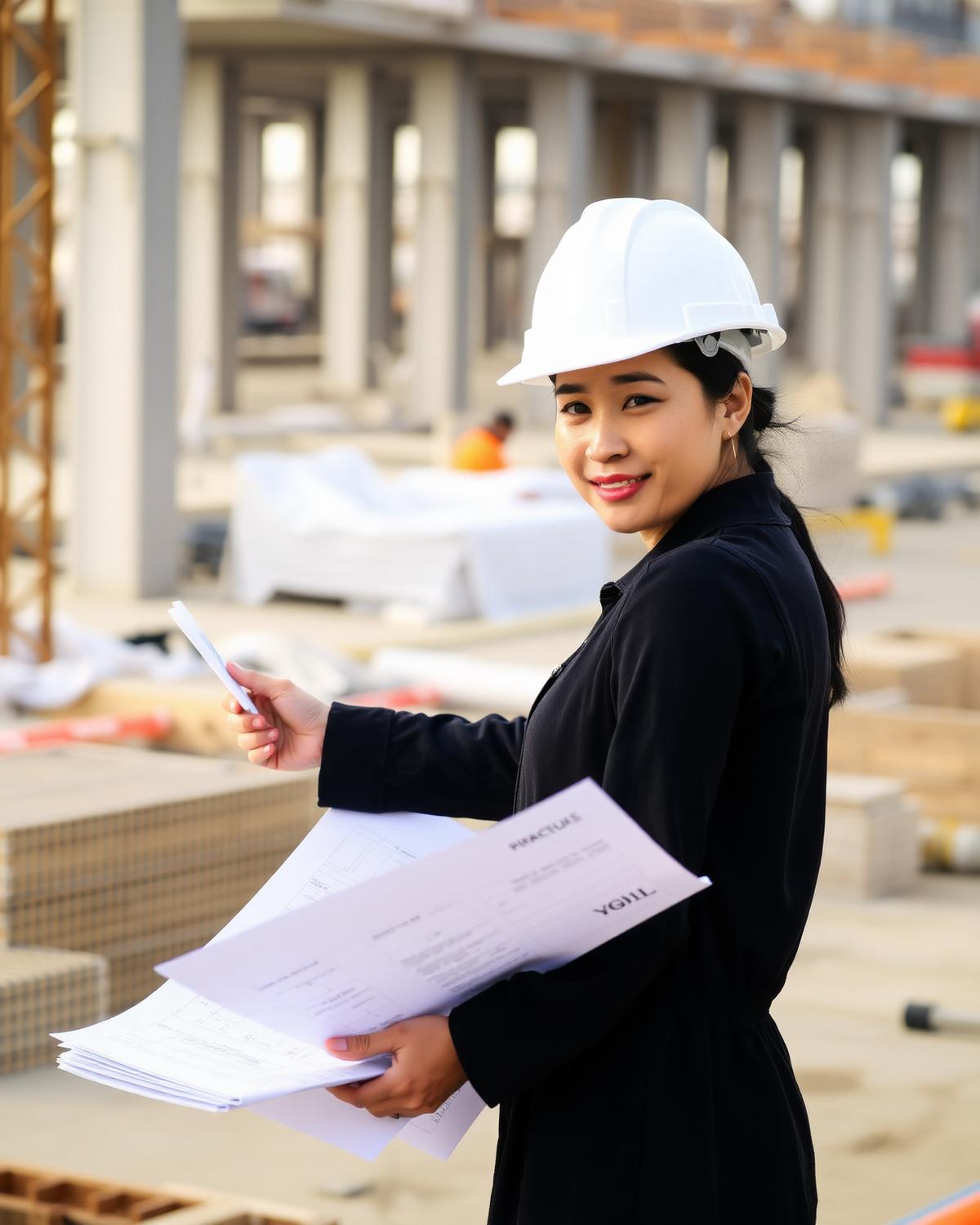 Filipino civil engineer reviewing blueprints on site